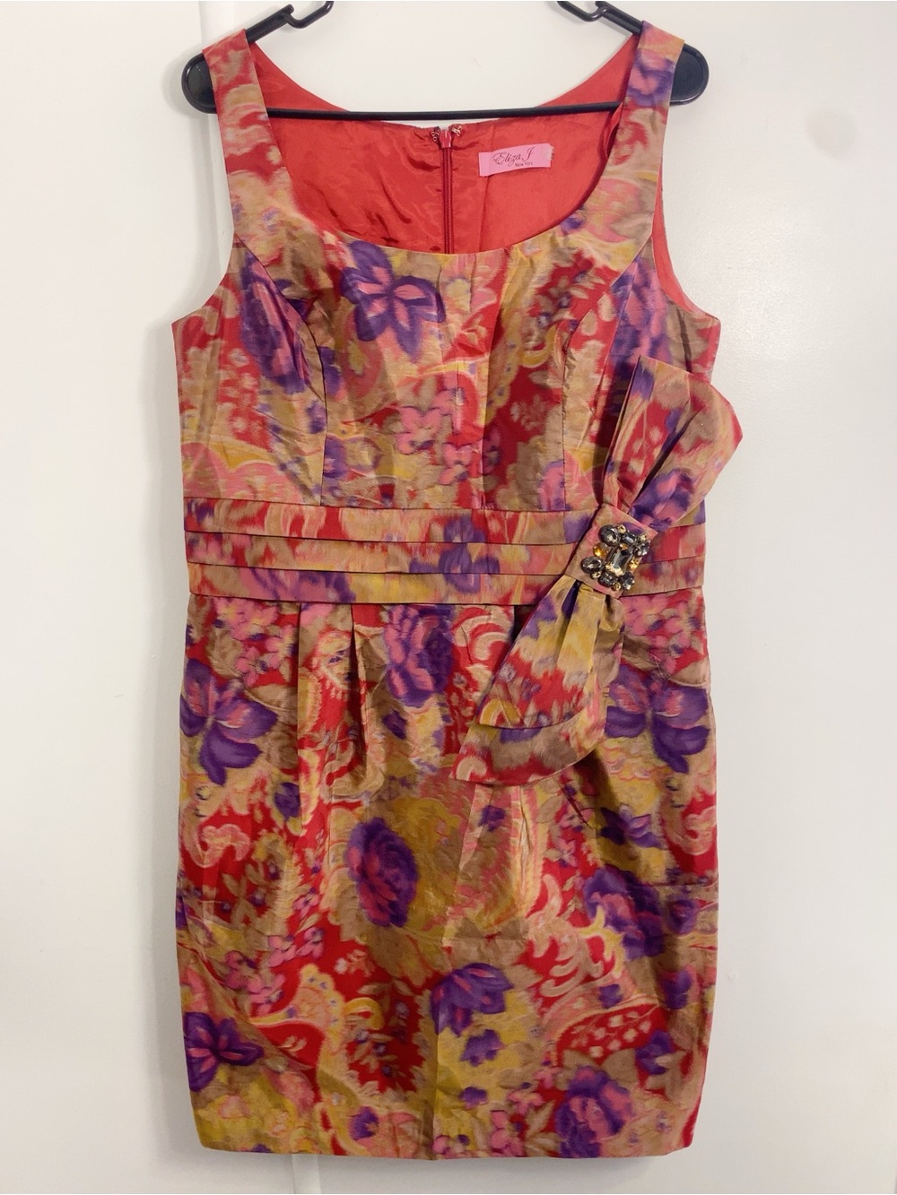 Eliza J Red Floral Jacquard Midi Dress with Purple & Gold Accents